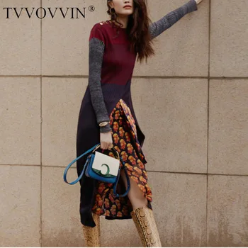 

TVVOVVIN Early Autumn Hit Color Round Neck Long Sleeve Irregular Long Fund High Street Sweater Printing Overskirt Suit L391