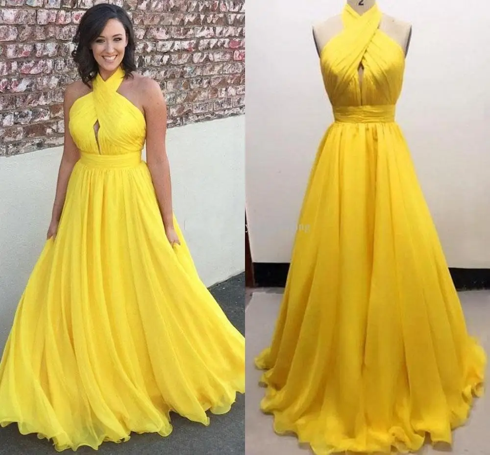 

robe de soriee Yellow Plus Size Chiffon Long Evening Dresses Halter Pleated Floor Length Backless Prom Dresses Formal Gowns