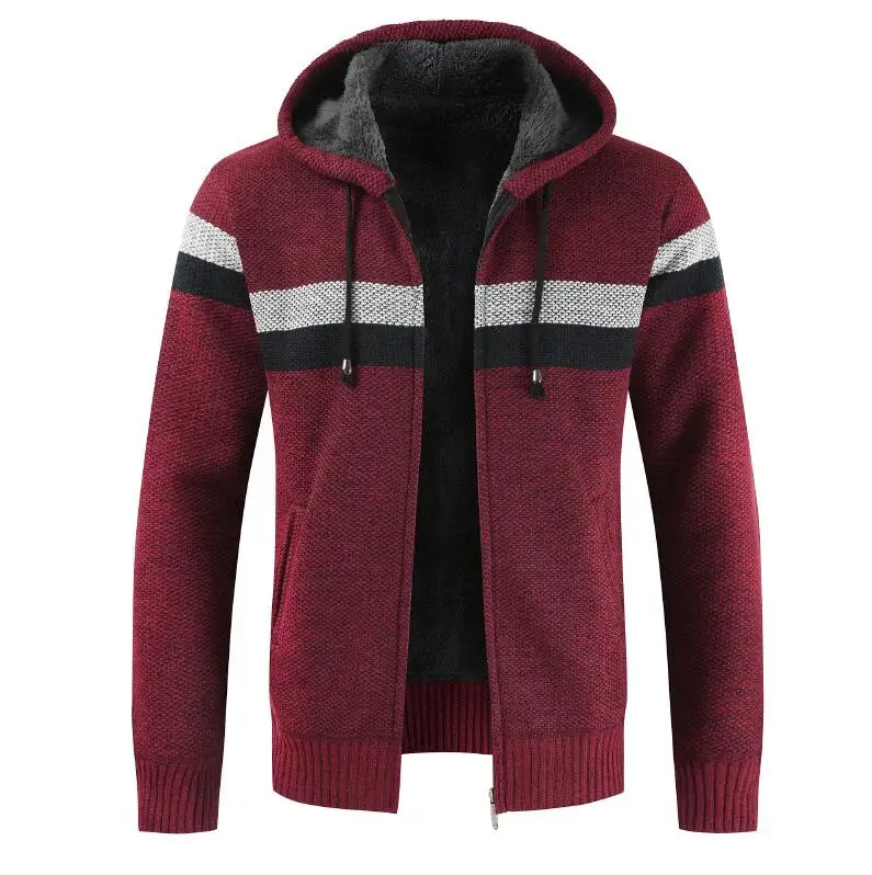 Мужской зимний толстый свитер теплый кардиган с капюшоном одежда мужская полосатая кашемировая шерстяная подкладка на молнии флисовые пальто Размер M-3XL - Цвет: 02 Red