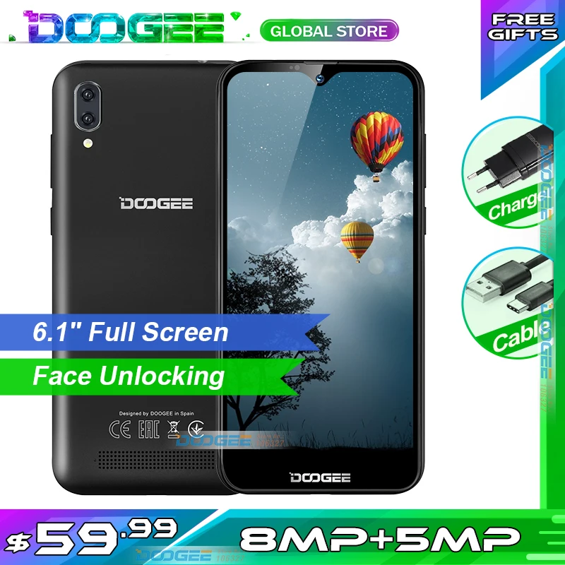 Doogee X90 мобильный телефон 6," HD экран капли 1 ГБ ОЗУ 16 Гб ПЗУ 3400 мАч MT6580A/WA четырехъядерный смартфон с функцией распознавания лица Android 8,1