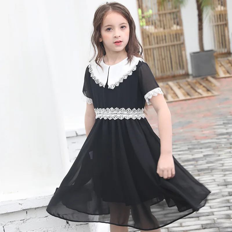 Элегантное праздничное платье трапециевидной формы белого и черного цвета для девочек; кружевное платье принцессы с большим отложным воротником; Одежда для девочек-подростков
