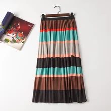 Весенние полосатые юбки с принтом, Женская мода, Корейская плиссированная юбка средней длины до колена, юбка с высокой талией, красивая женская юбка