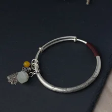 

Retro 925 Sterling Silver Adjustable Bangle Bracelet Cute Jade Lotus Flower Seed Tassel Charm Bracelets Jewelry for Women SL002