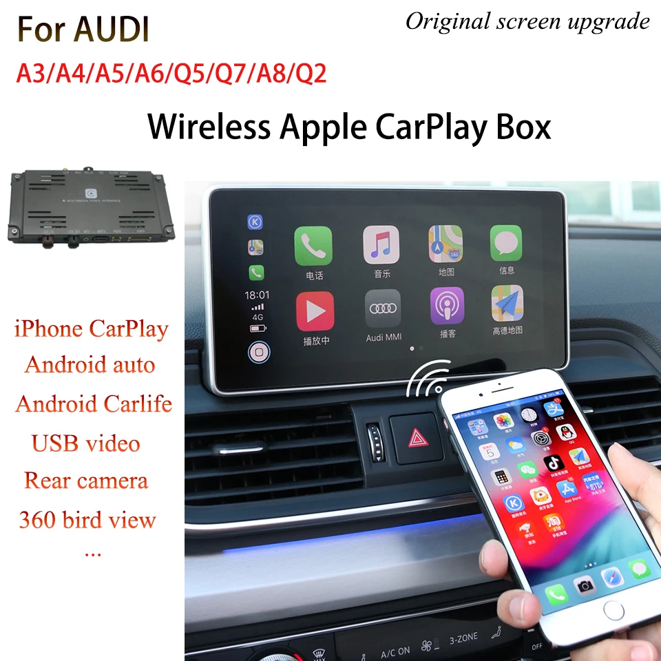 

Full Wireless CarPlay Functionality Mobile phone GPS Navigation Apple Maps Google Waze Car Screen For Audi Q7 4M 2016-2019
