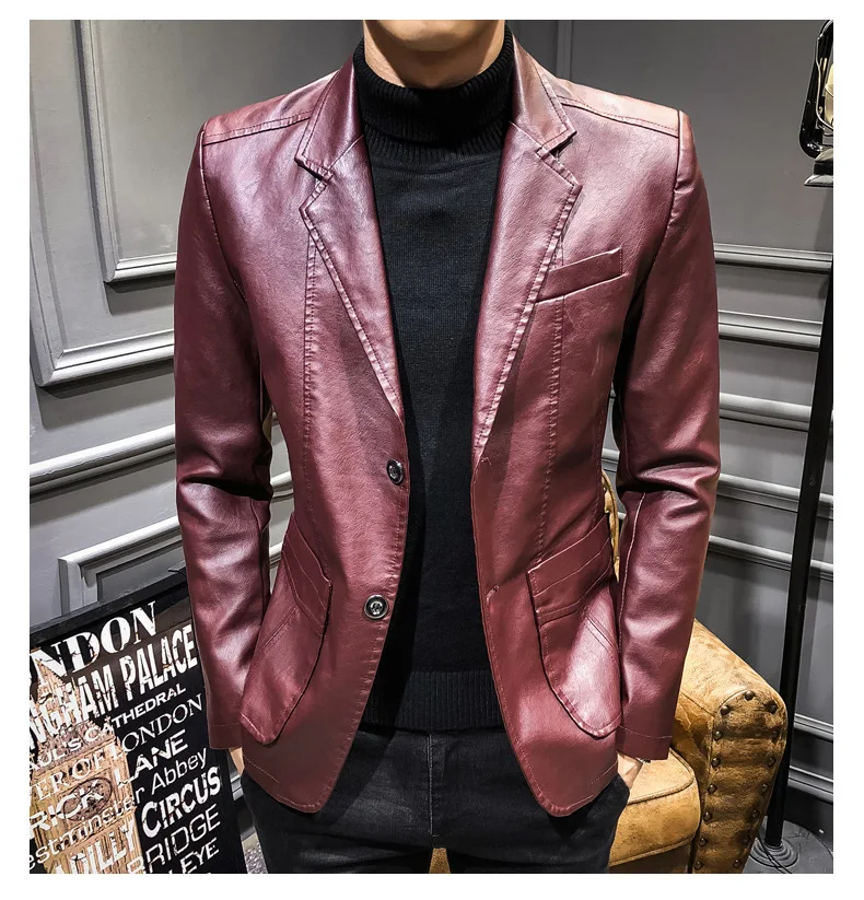 Британский Стиль Весна Осень Мужчины s Slim Fit PU кожаная куртка повседневный деловой пиджак Мужчины искусственная кожа Blasers Masculino