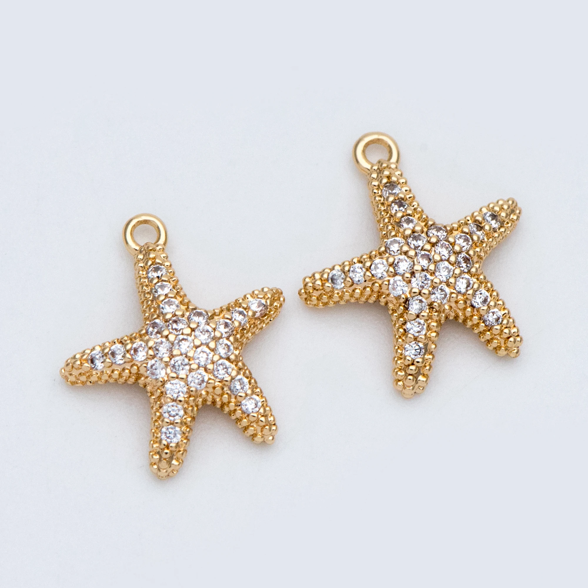 

4pcs CZ Paved Gold Starfish Charms 12mm, Beach Style Mini Starfish Pendants (GB-722)