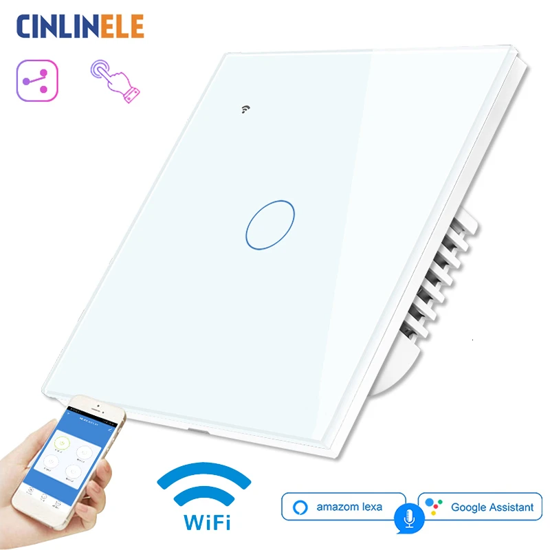 Настенный сенсорный выключатель с Wi-Fi белая стеклянная панель Синяя