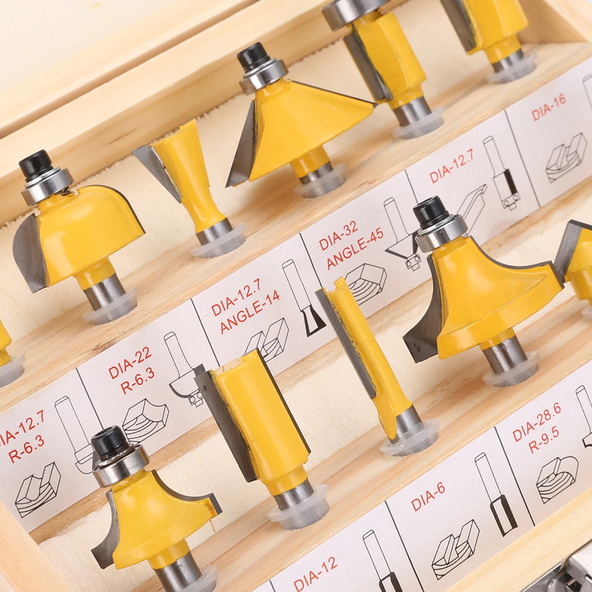 12pcs 1/4 inch Shank Carbide Steel Flush Trim Router Bit Set Woodworking Milling Cutter Power Tools with Wooden Box