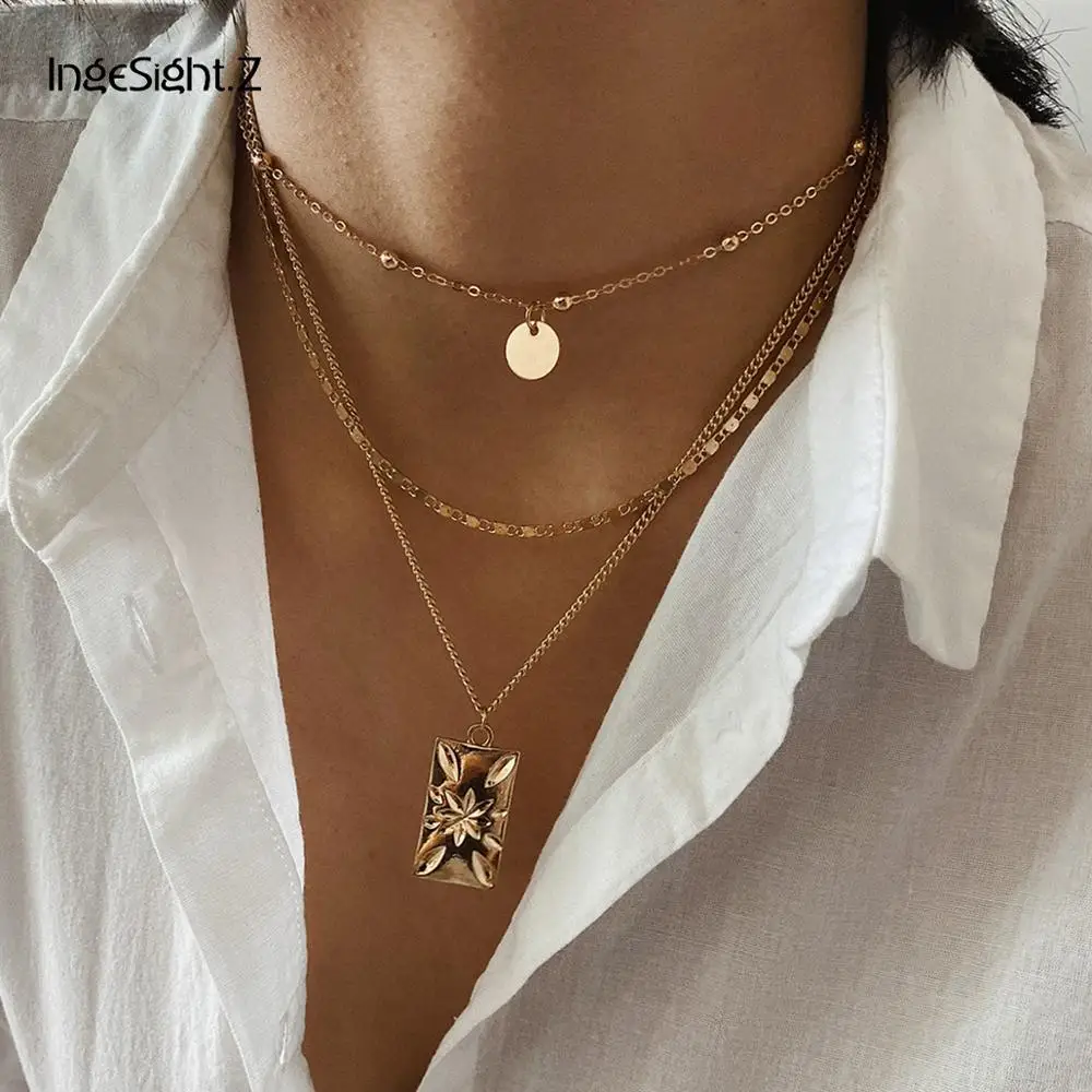 

IngeSight.Z Punk Sequins Multi Layered Collar Choker Necklace Statement Square Carved Coin Pendant Necklace for Women Jewelry