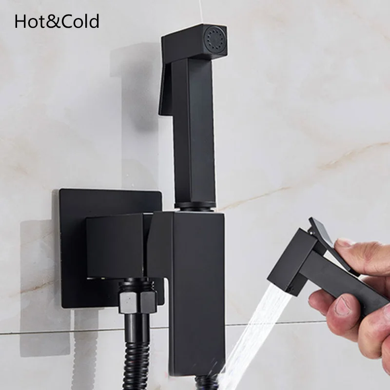 Onyzpily Bidet Faucet Golden Chrome Brass Shower Tap Washer Mixer Cold Hot Water Mixer Crane Square Shower Sprayer Head