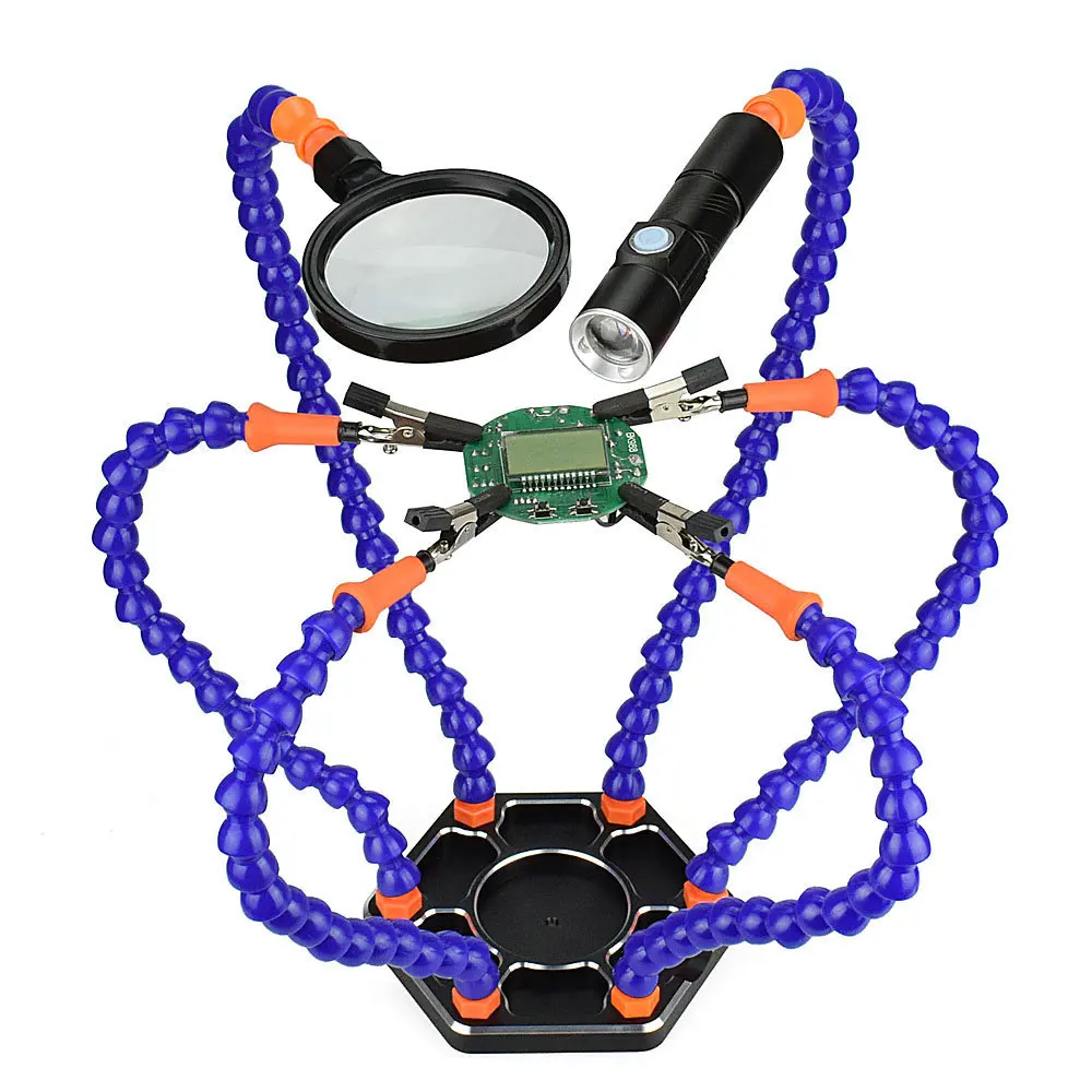 

Multifunctional Soldering Helping Hands with 6pcs Flexible Arms Flashlight and 25x Magnifier Welding Auxiliary Tools