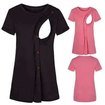 

Pregnant Nursing Tee Tops Maternity T-shirt O Neck Short Sleeve Solid Color Loose Nursing Tops Breastfeeding T-shirt #20