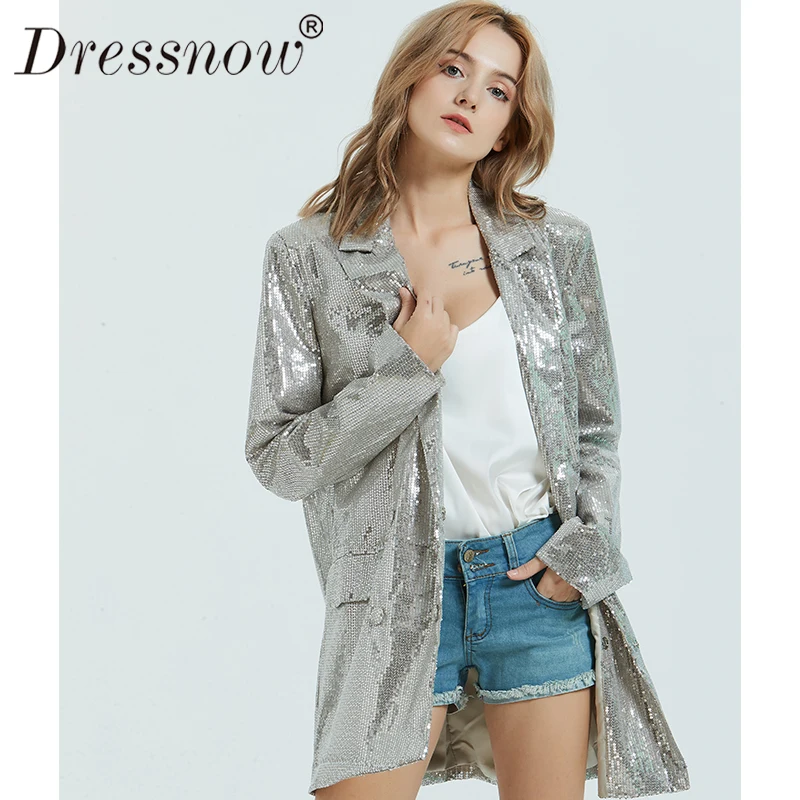 Dressnow Женский блейзер с блестками на весну и осень, женское серебряное Свободное пальто с длинным рукавом, модный двубортный блейзер