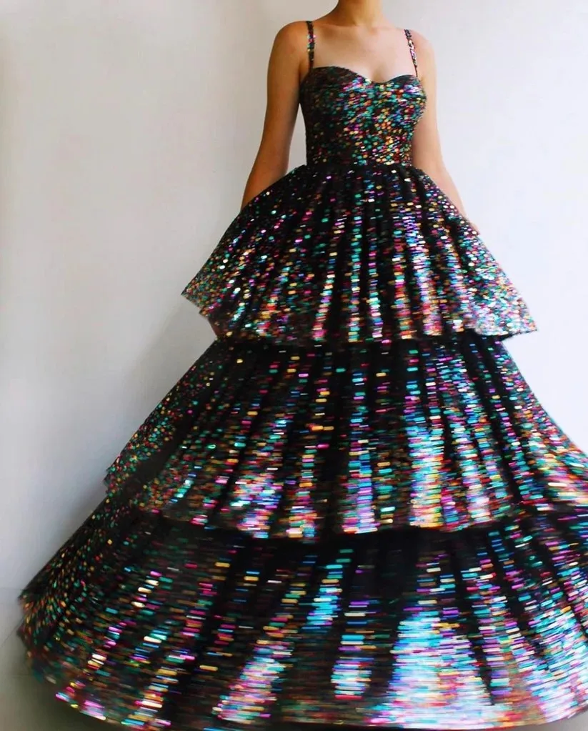 Шикарное блестящее разноцветное выпускное платье с оборками, многослойные пушистые Бальные платья для невесты, уникальное длинное
