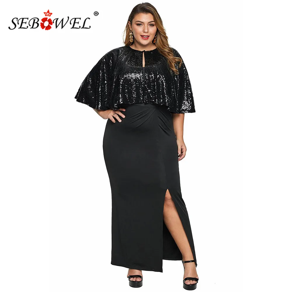 

SEBOWEL New Woman Plus Size Maxi Long Dress + Sequined Cape for Party Elegant Ladies High Slit Large Size Formal Dresses XL-5XL
