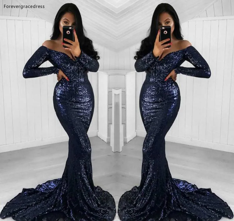 

2019 Sexy Navy Blue Sequined Prom Dress Long Sleeves Formal Pageant Holidays Wear Graduation Evening Party Gown Plus Size