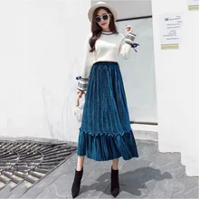 Золотая Бархатная плиссированная юбка, Зимняя женская новая ретро юбка средней длины, сплошной цвет, высокая талия, базовая трапециевидная юбка Y452