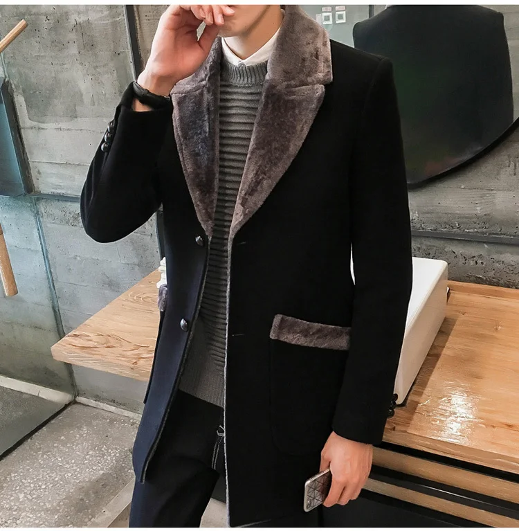 Fur Collar Trench Coat Men Wool Blend Winter Coat Slim Fit Men Manteau Homme Mid-Long Black Grey Mens Trench Coat Blue 4xl 5xl