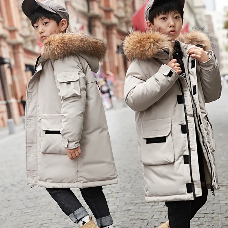 

-30 Degree Children Down Jacket Boy Thick Long White Duck Down Hooded Casual Jacket Kids Natural Fur Collar Teenager Down Coats