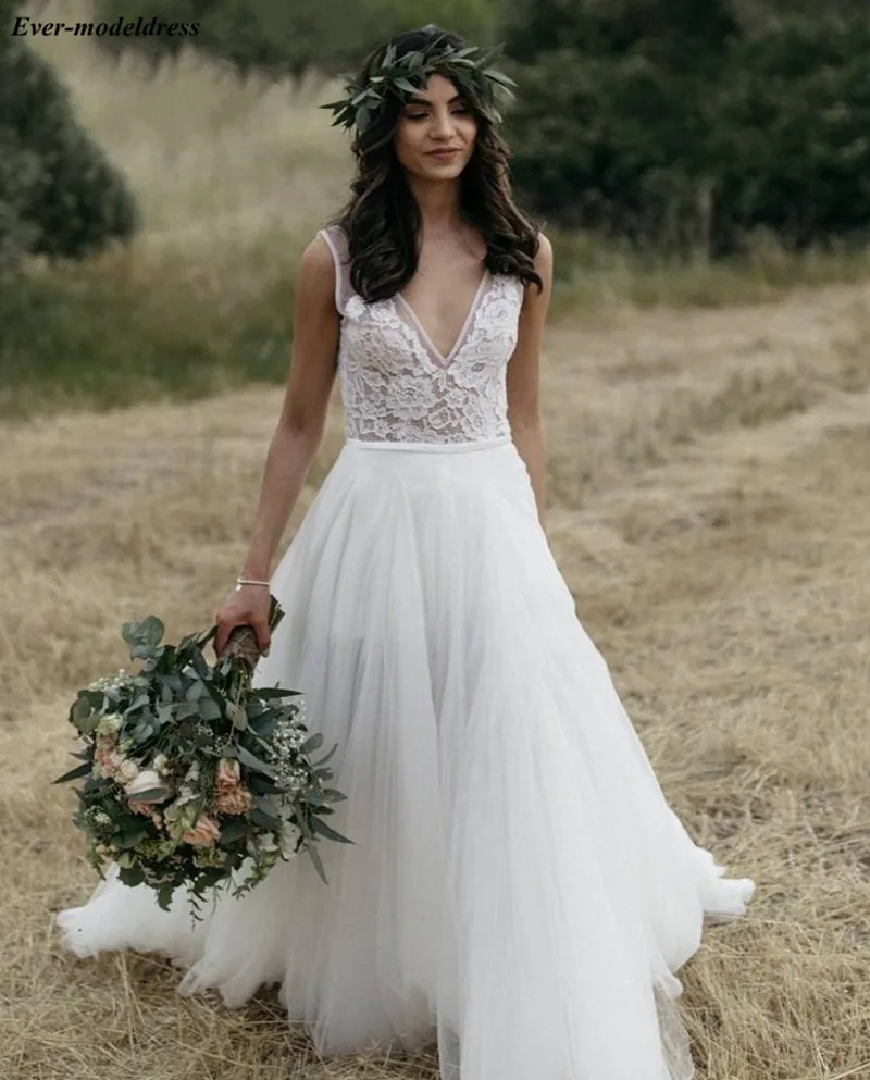 

Boho Wedding Dresses Beach A-Line Sheer Top Backless Tulle Lace Bohemian Bridal Gowns Bride Dress Robe De Mariee 2019