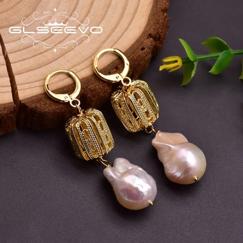 

GLSEEVO Fresh Water Baroque Pearl Metal Ball Drop Boho Earrings For Women Luxury Jewelry For Birthday Gifts Moda Feminina GE0944