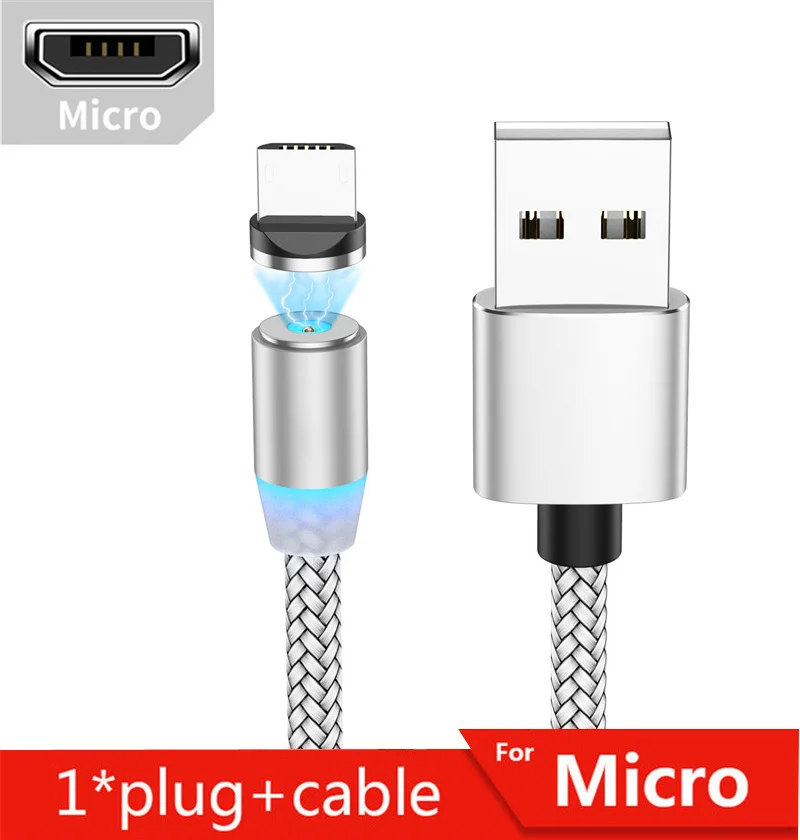 Silver f Micro Tkey 1 м 2 м нейлоновый usb type-c светодиодный кабель на магните для iphone USB быстрое зарядное устройство для телефона для huawei samsung Xiaomi и LG - Цвет: Silver f Micro