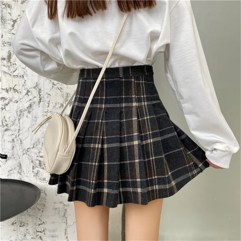 Lychee, Harajuku, клетчатая плиссированная Женская юбка, повседневная, свободная, трапециевидная, высокая талия, мини, женские юбки, весна, лето, осень, женская нижняя часть