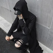  Spring summer men black thin punk rock hip hop hooded trench coat long jacket mens gothic style cloak vintage hiphop cardiagn 