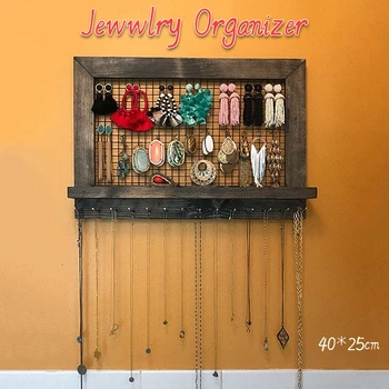 

Rustic Brown Jewelry Organizer Wooden Wall Mounted Holder For Earrings Necklace Comfortable Warmth Quality Fashion Elegant