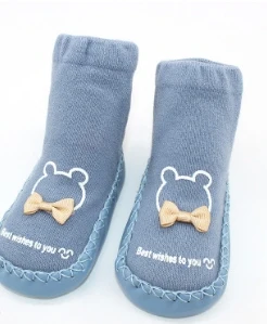 Синий kid prewalker floor socks anti slip cartoon socks kid knees high socks with cute bowknot - Цвет: Синий