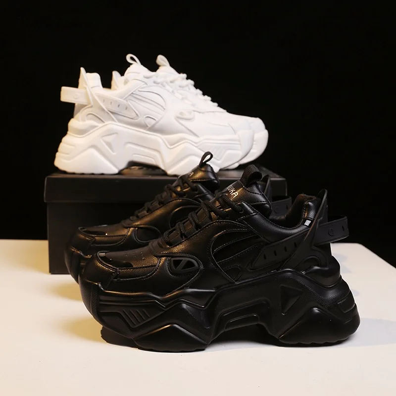 Zapatillas de deporte gruesas vulcanizadas informales para mujer, zapatillas de plataforma alta con cordones, transpirables, blancas, primavera 2021