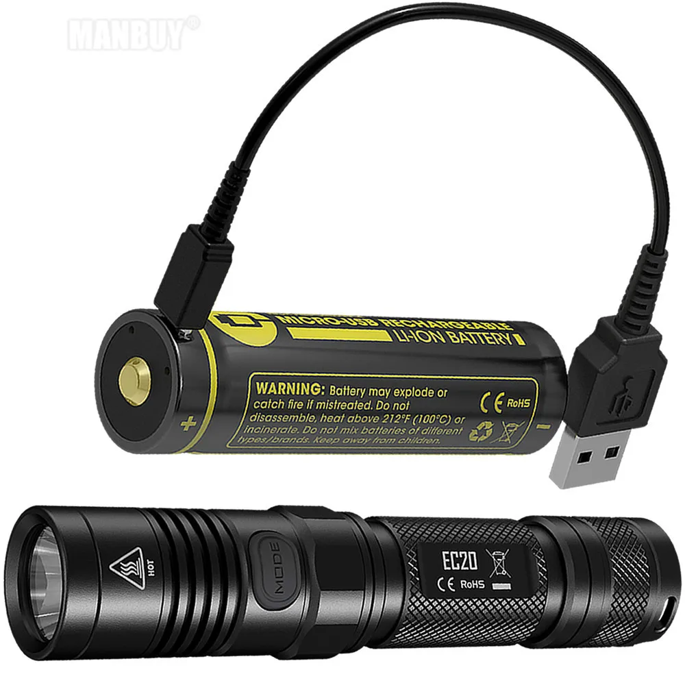 2022 NITECORE EC20 Flashlight + 18650 USB Port Direct Charging Battery Cable Waterproof Torches Outdoor Camping High Power | Лампы и