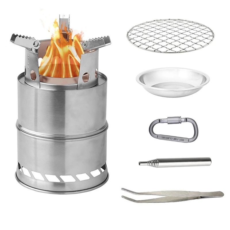 

Camping Stove Camp Wood Stove Portable Foldable Stainless Steel Burning Stove with Blowing Firebar Hang Buckle for Outdoor Hikin