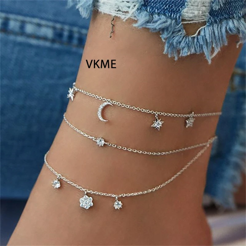 VKME Zircon Star Moon pendant Multilayer Anklet Beach Jewelry VKME Zircon Star Moon pendant Multilayer Anklet Beach Jewelry