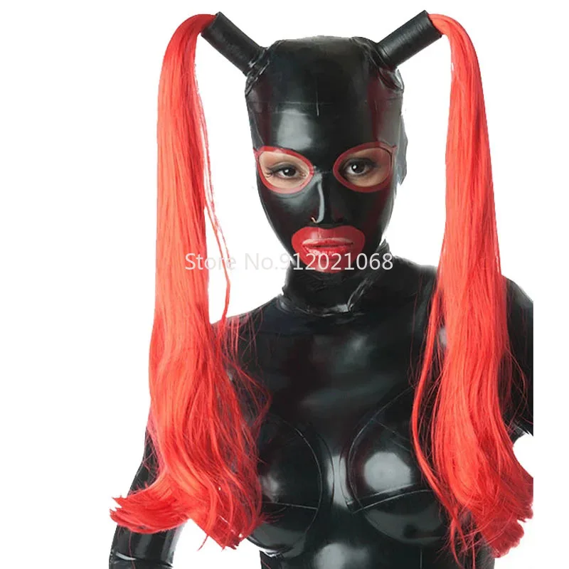 

Sexy Handmade Latex Mask Women Rubber Hoods with Two Red Tress Wig Hair Fetish Headgear Halloween Cosplay Costume