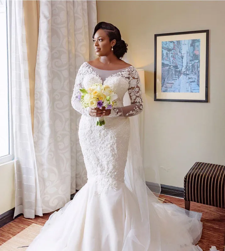 Aso Ebi размера плюс кружевные бисерные Свадебные платья с длинным рукавом Свадебные платья Русалка винтажные Свадебные платья abito da sposa