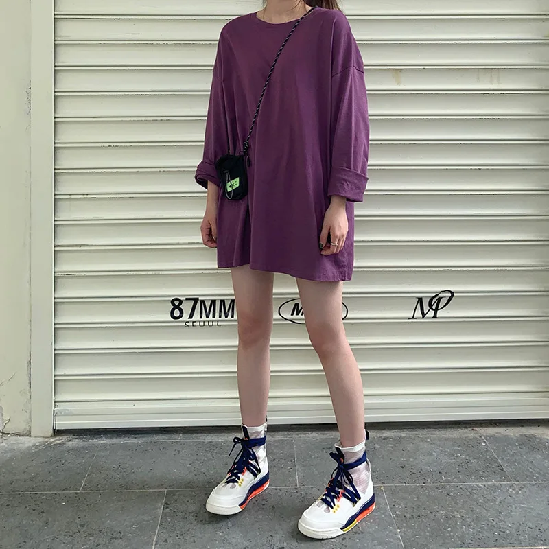 

Autumn 2019 New Korean Version Purple Long Sleeve T-shirt Ins Loose Medium-long Jacket Missing Underclothes