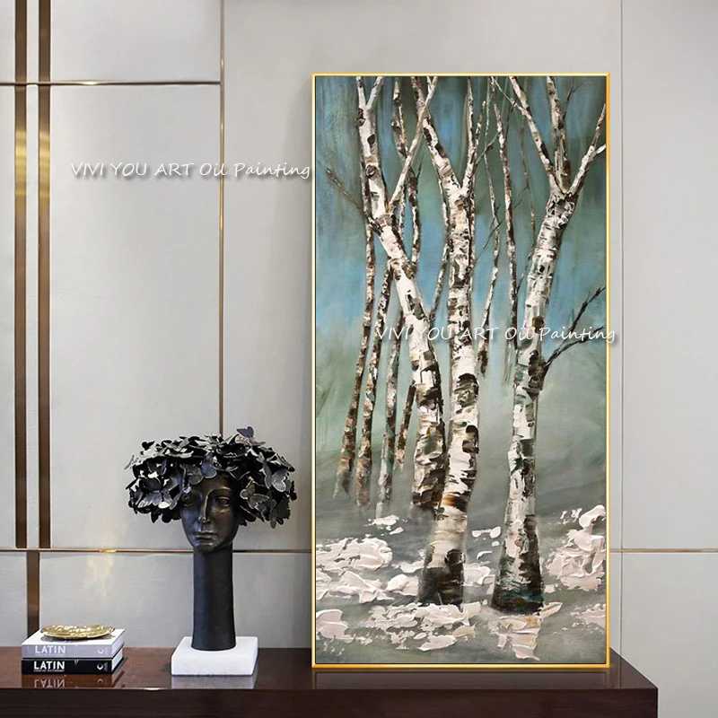 

Модный зеленый фон, Белая настенная Картина на холсте, ручная роспись, Современная Абстрактная живопись, Настенная картина с деревом для офиса