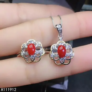 

KJJEAXCMY fine jewelry natural red coral 925 sterling silver women pendant necklace chain ring set support test fashion