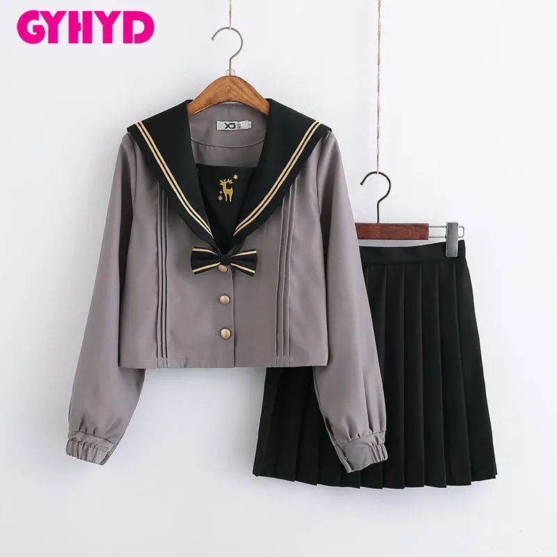 Long Sleeve Set Новое поступление, осенняя японская школьная форма с вышивкой оленя для девочек, серые комплекты, карнавальный костюм JK - Цвет: Long Sleeve Set