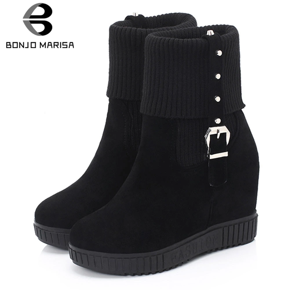 

BONJOMARISA New 33-43 Elegant Height Increasing Booties Ladies Platform Ankle Stretch Boots Women 2020 High Heels Shoes Woman
