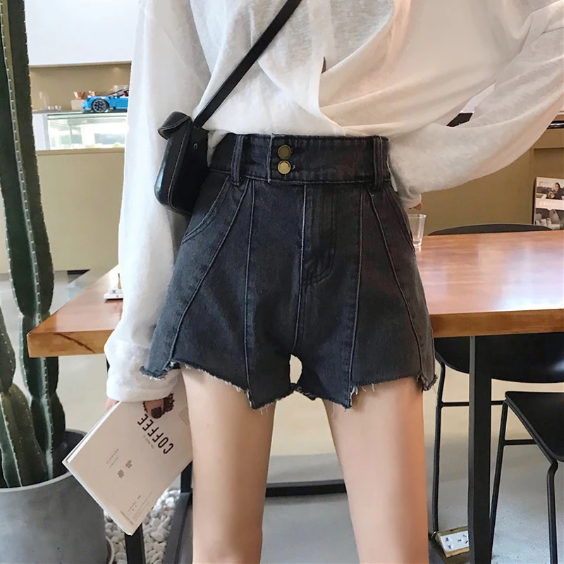 

2 Colors Mihoshop Ulzzang Korean Korea Women Fashion CLothing High Waist Irregular Black Wide Leg Denim Shorts