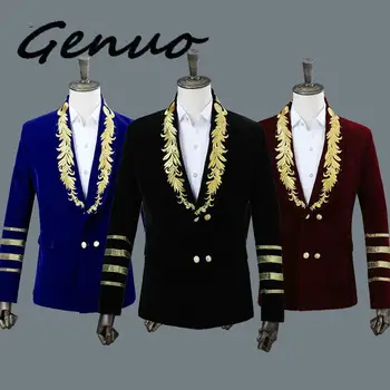 

Genuo New Men's Shawl Collar Royal Blue Suede Embroidery Loose Suit Jacket Stage Show Singer Double-breasted Men Blazer Designs