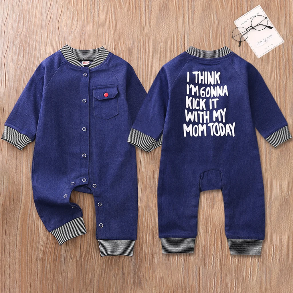 

Baby Girls Boys Casual Wear Denim Stand-Collar Long-Sleeves Button Open Jumpsuit with Back Letter Print for Toddlers