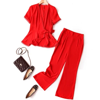 

2 Piece Set Women V Neck Top and Long Flare Pants Set Summer Short Sleeve Tracksuit Women Conjunto Feminino 2020 Women Sets