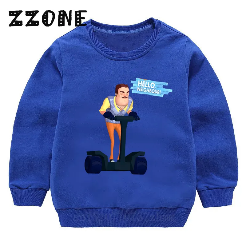 Забавный детский свитер с рисунком из мультфильма «Hello neighior»; детский Хлопковый пуловер с капюшоном; топы для девочек и мальчиков; осенняя одежда; KYT5225 - Цвет: 5225E-Blue