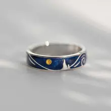 S925 Chapado en plata Van Gogh cielo estrellado abierto amante anillos banda romántica joyería 517F