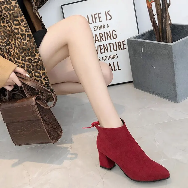 

2019 New Style Autumn And Winter Tie-Back Pointed Toe Chunky Heel Short Boots Women's Large Size Warm High-Heel WOMEN'S Boots