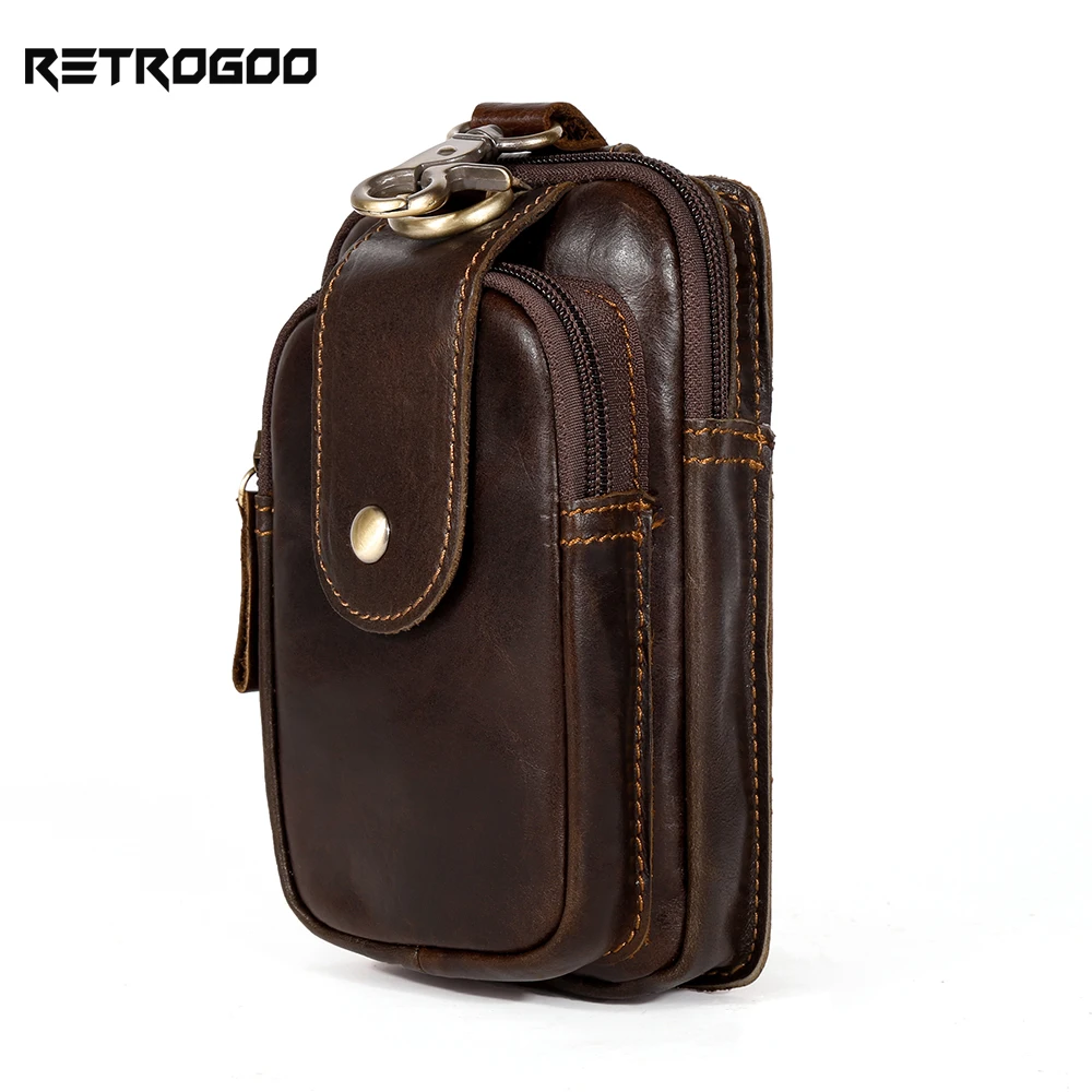 

RETROGOO Genuine Leather Male Waist Pack Phone Pouch Bags Handmade Waist Bag Fashion Vintage Design Cowhide Man Waist Belt Packs