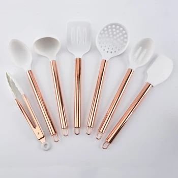 

7 Piece Set White Silicone and Copper Cooking Utensils for Modern Cooking and Serving, Stainless Steel Copper Serving Utensils